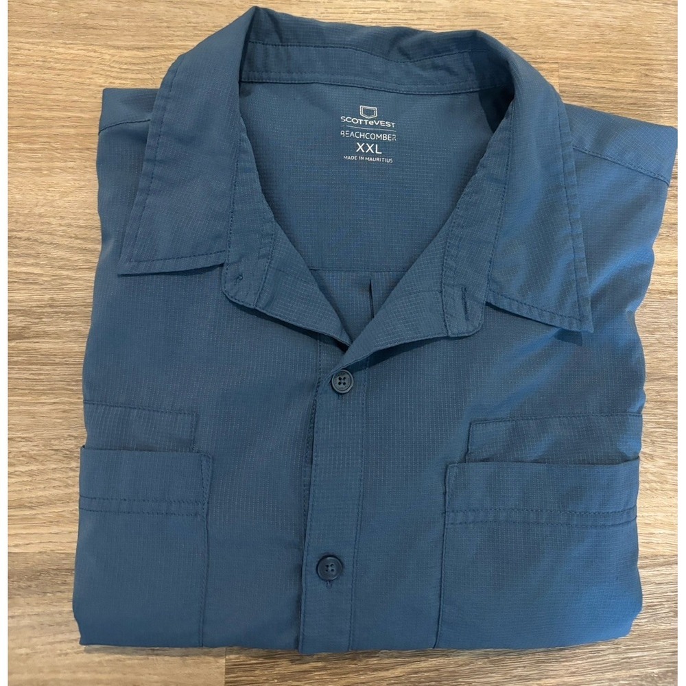 SCOTTeVEST Beachcomber Shirt Men XXL Blue Hidden Pockets Short Sleeve Ripstop